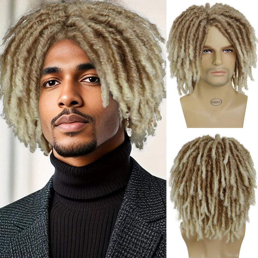 Gnimegil Unisex Synthetic Rasta Hair Mens Dreadlock Wigs Medium Length Colly Braided Wigs For Man Guys Fake Dreads Faux Loc Wig Ombre Blonde Wig