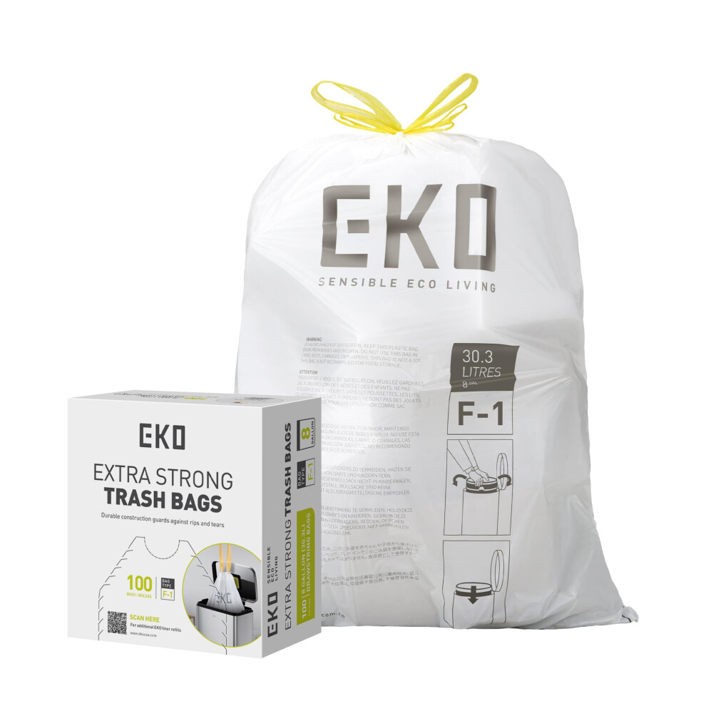 Eko White 8 Gallon Trash Bags Drawstring 1.2 Mil - 80 Count Medium Garbage Bags Unscented 30 Liter Plastic Kitchen Trash Bags With Easy-Dispense