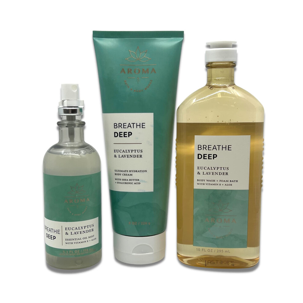 Bath & Body Works - Aromatherapy - Breathe Deep Eucalyptus Lavender - 3 Pack Bundle Ultimate Hydration Body Cream Essential Oil Mist & Body Was