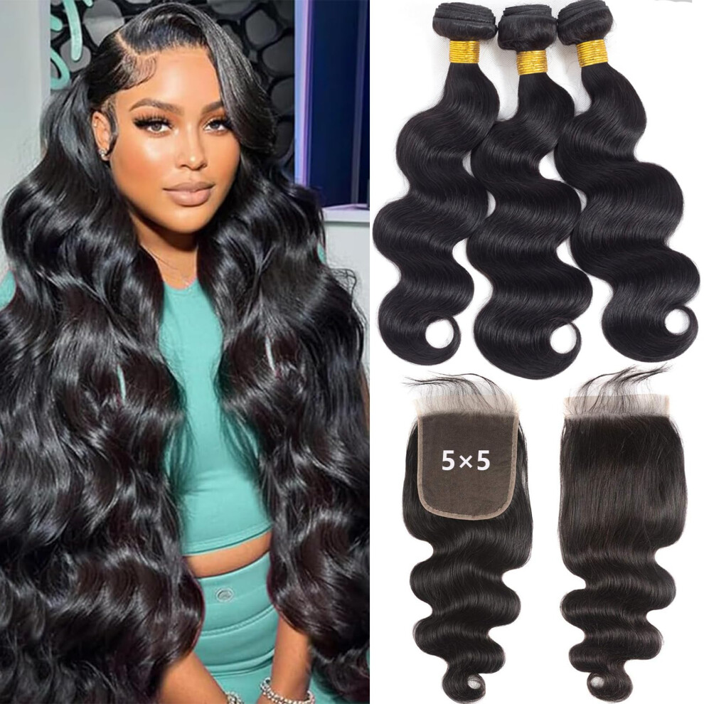 Royal Impression Unisex 12A Body Wave 3 Bundles With 5?5 Hd Lace Closure (20 22 24+18"""") 100% Unprocessed Brazilian Virgin Body Wave Human Hair Weave Bundles With Closur