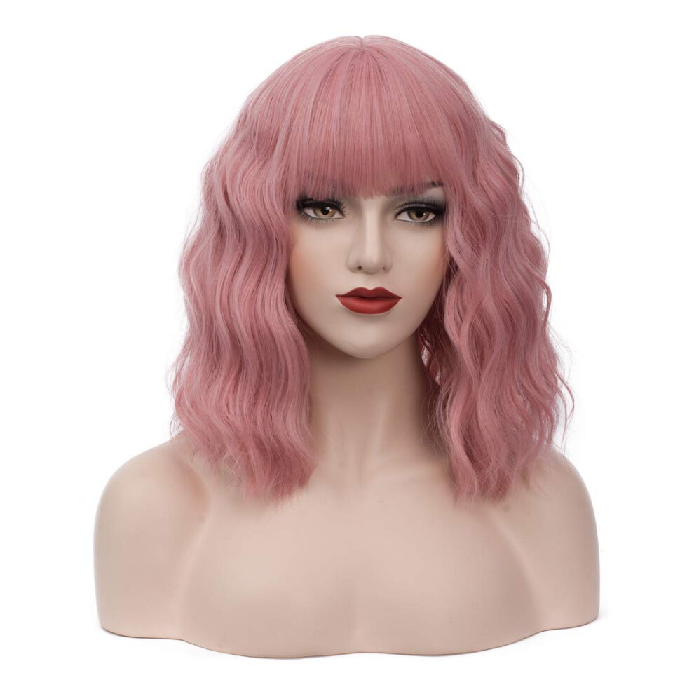 Bufashion 14" Women Short Wavy Curly Wig Light Pink Bob Wig Cosplay Halloween Synthetic Wigs Wigs With Neat Bang Wig With Free Wig Cap (Light Pink 1)