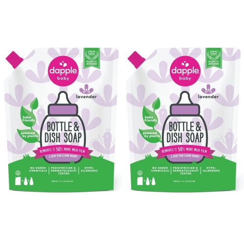 Dapple Baby Flasktvål, Hypoallergenisk Diskmedel för Barnflaskor, Lavendel, 34 Fl Oz Refill (2-pack)