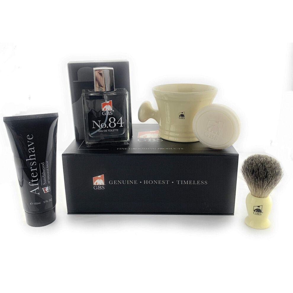 Gbs Ivory G.b.s Men's Shaving Set - No.84 Cologne Handle Badger Bristle Shaving Brush Shave Mug With Aftershave Natural Shaving Soap