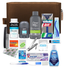 Convenience Kits International Herren Premium 20-teiliges Set mit TSA-konformen Essentials in Reisegre mit: Dove Men & Pflegeprodukten in brauner D