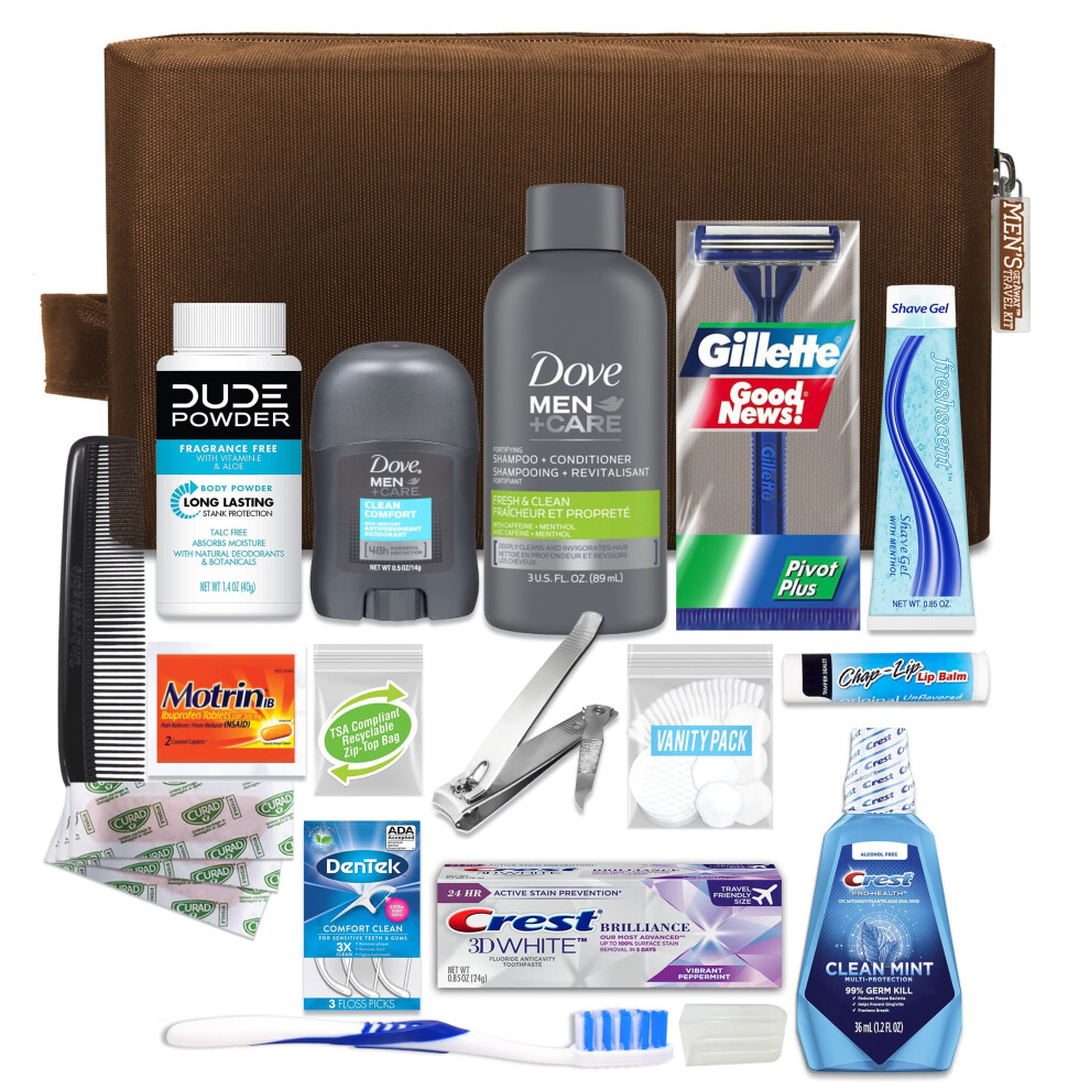 Convenience Kits International Mens Premium 20-Piece Kit with Travel Size TSA Compliant Essentials Featuring: Dove Men & Care Products in Brown