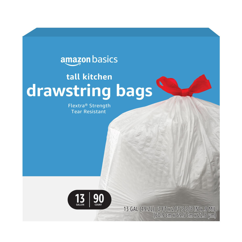 Amazon Basics Flextra Tall Kitchen Drawstring Trash Bags 13 Gallon 90 Count