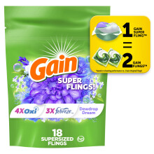 Gain Super Sized Flings pyykinpesuainepakkaukset 18 Count Dewdrop Dream -tuoksu