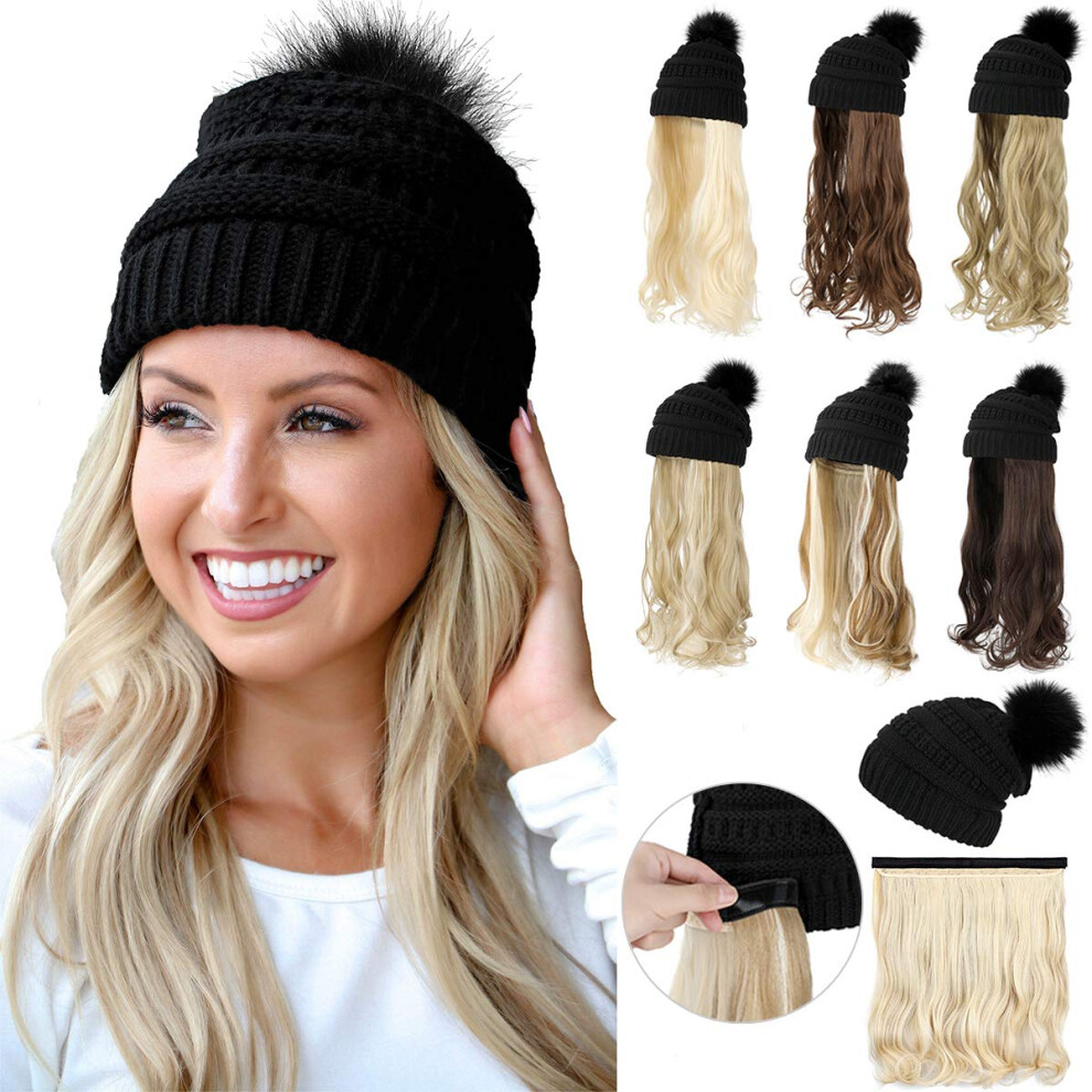 Qlenkay Beanie Hat With Long Wavy Curly Hair Extensions Knit Black Cap Attached 20Inch Synthetic Wig Detachable Hairpiece Warm Pom For Women Winter As