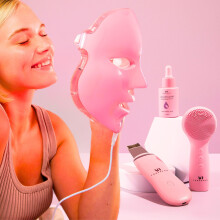 LED Face Mask Light Therapy Premium Valentines Gift Spa Kit (4 Pcs) - With Ultrasonic Scrubber Sonic Brush & Green Tea Serum - 7 Colors (Blue &