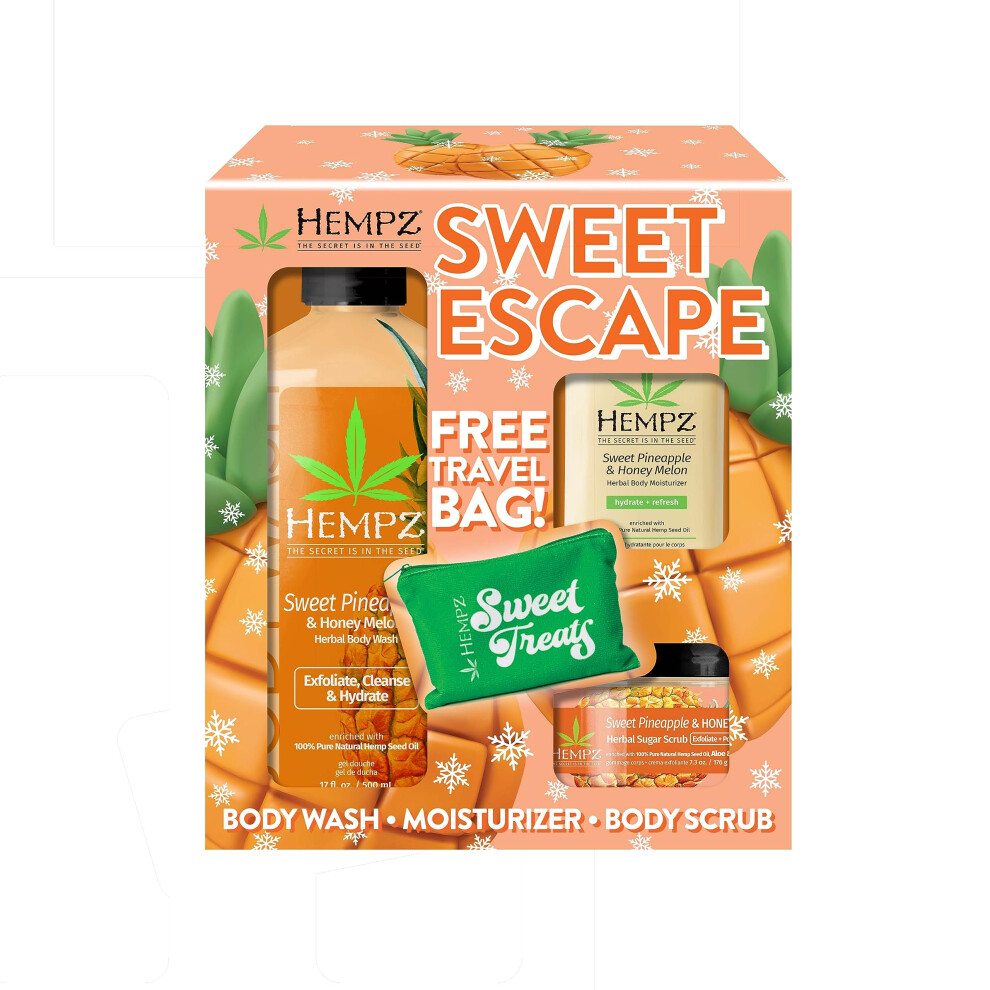Hempz Sweet Escape Sweet Pineapple & Honey Melon Moisturizing Body Wash (17 Oz) Body Scrub (7.3 Oz) & Moisturizer (1.25 Oz) - Festive Holiday G