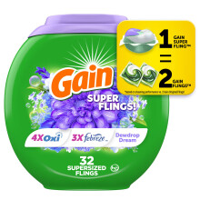 Gain Super Sized Flings Pyykinpesuaine Pacs 32 Count Dewdrop Dream Tuoksu