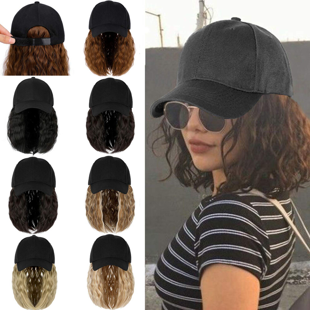 Qlenkay Baseball Cap With Hair Extensions 14Inch Wavy Curly Bob Hairstyle Adjustable Wig Hat Attached Synthetic Hairpiece For Woman Medium Brown