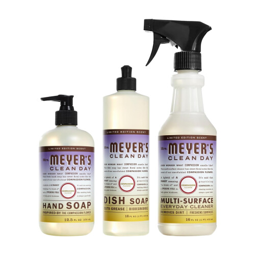 Mrs. Meyer's Kitchen Set  Dish Soap  Hand Soap  and Multi-Surface Cleaner  3 CT (Compassion Flower)