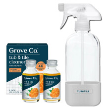 Grove Co. Tub and Tile Cleaner Refill Concentrate (2 x 1 Fl Oz) + 1 x Reusable Glass Spray Bottle (16 Oz) Plant-Based Cleaning Supplies Bundle, No Pla