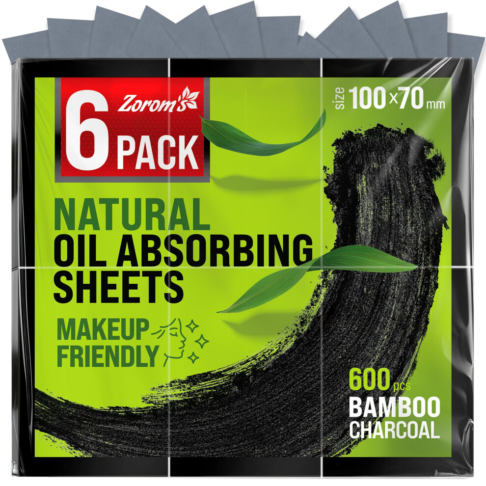 Zorom's Natural Oil Blotting Sheets For Face With Bamboo Charcoal - 6Pk/600 Makeup Friendly Oil Absorbing Sheets For Face - Blotting Papers For Oily Skin