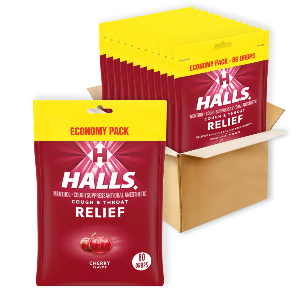 Halls Relief Cherry Cough Drops Economy Pack 12 Packs Of 80 Drops (960 Total Drops)