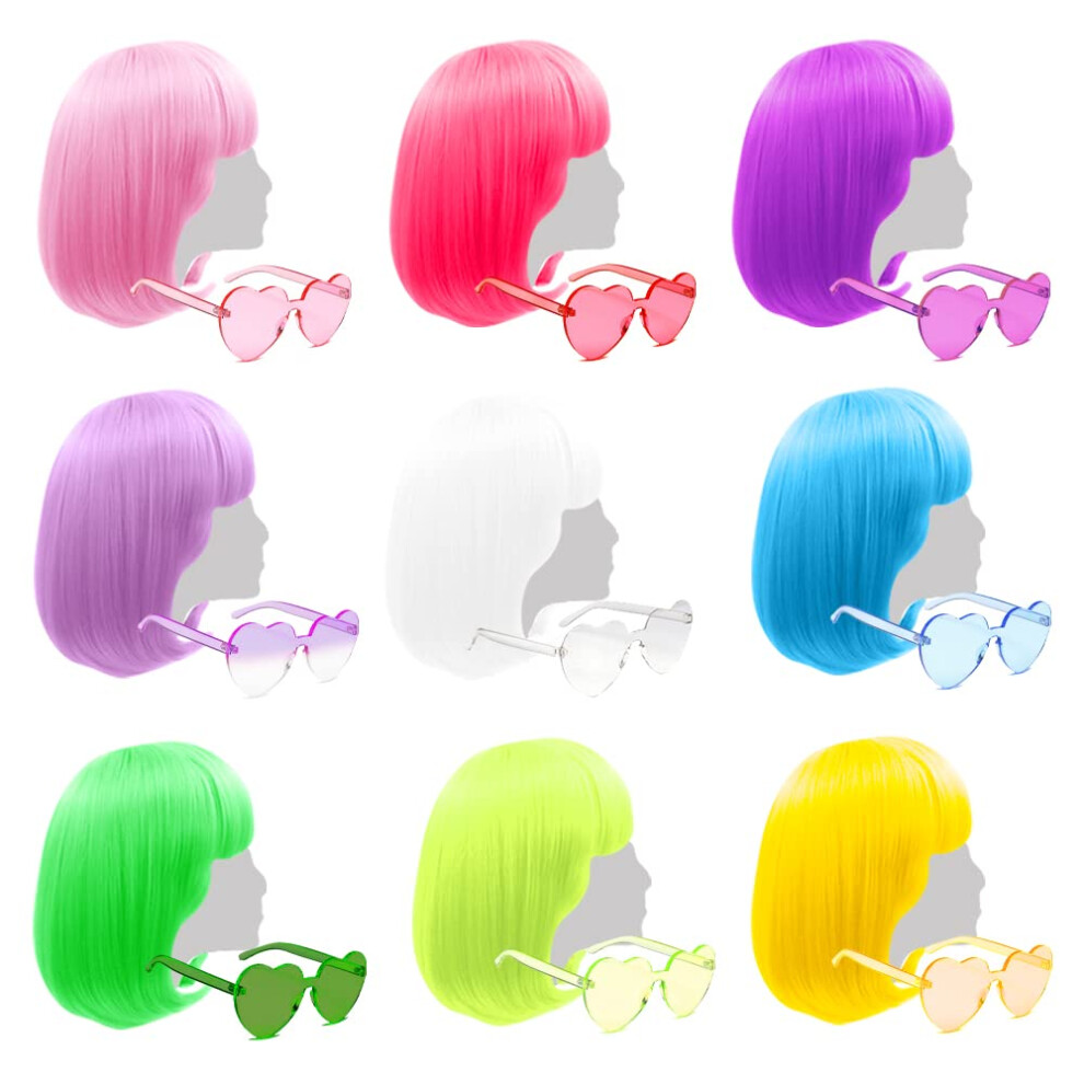 Liuliubty 9 Pieces Colorful Bob Wig 12"""" Straight With Flat Bangs Bubble Gum Series Colored Party Wigs Wigs For Women Of Bachelorette Party Fa