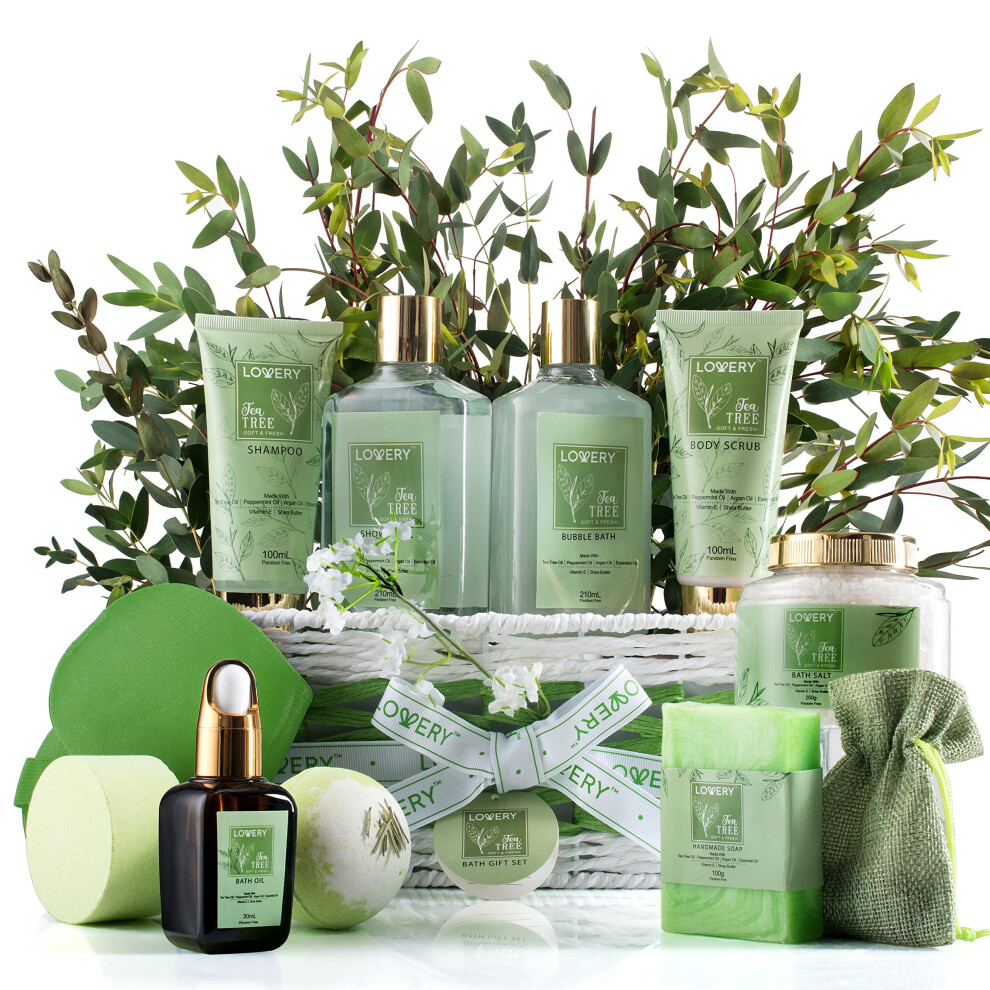 Tea Tree Bath Set - Luxury Home Spa Set with Calming Mint Fragrance - 15 pc Relaxation Gift Basket with Tea Tree Bath Oil Shower Gel Bubble Bath