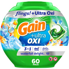 Gain flings Ultra Oxi Laundry Detergent Pacs 60 Count Waterfall Delight Scent 3-in-1 HE -yhteensopiva