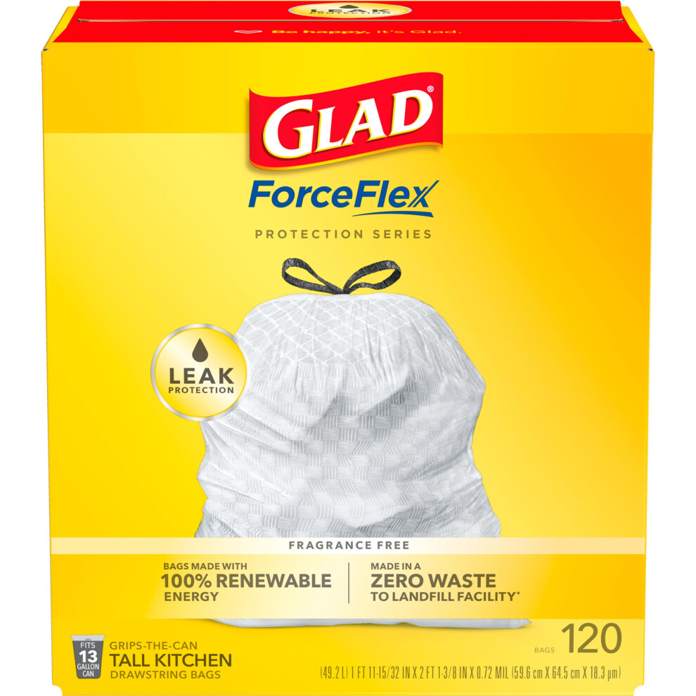 Content Glad Trash Bags Forceflex Tall Kitchen Drawstring Garbage Bags 13 Gallon Unscented 120 Count.