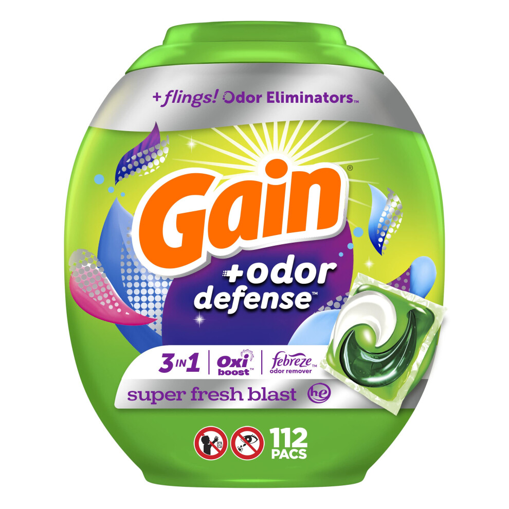 Gain Flings Laundry Detergent Soap Pacs With Odor Defense Super Fresh Scent 112 Count 3 In 1 Laundry Pods With Febreze And Oxi