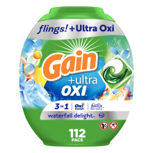 Gain flings Ultra Oxi Laundry Detergent Pacs 112 Count Waterfall Delight Scent 3-in-1 HE -yhteensopiva