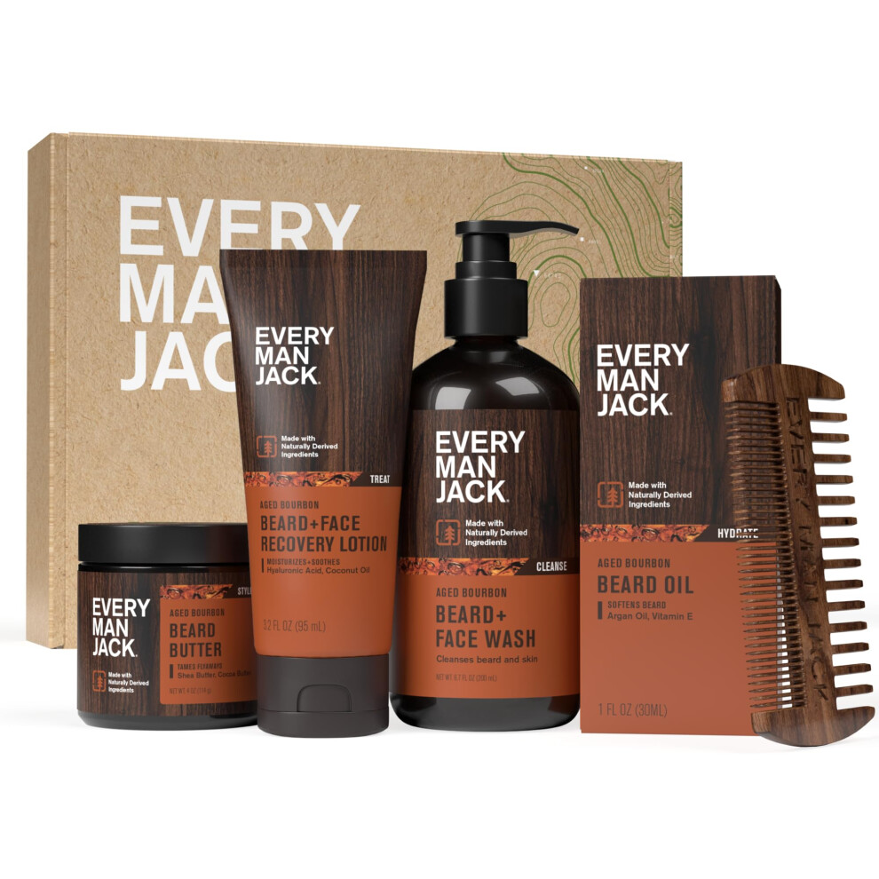 Every Man Jack Mens Aged Bourbon Beard Set - Five Full-Sized Grooming Essentials For a Complete Routine - Beard + Face Wash Beard + Face Lotion