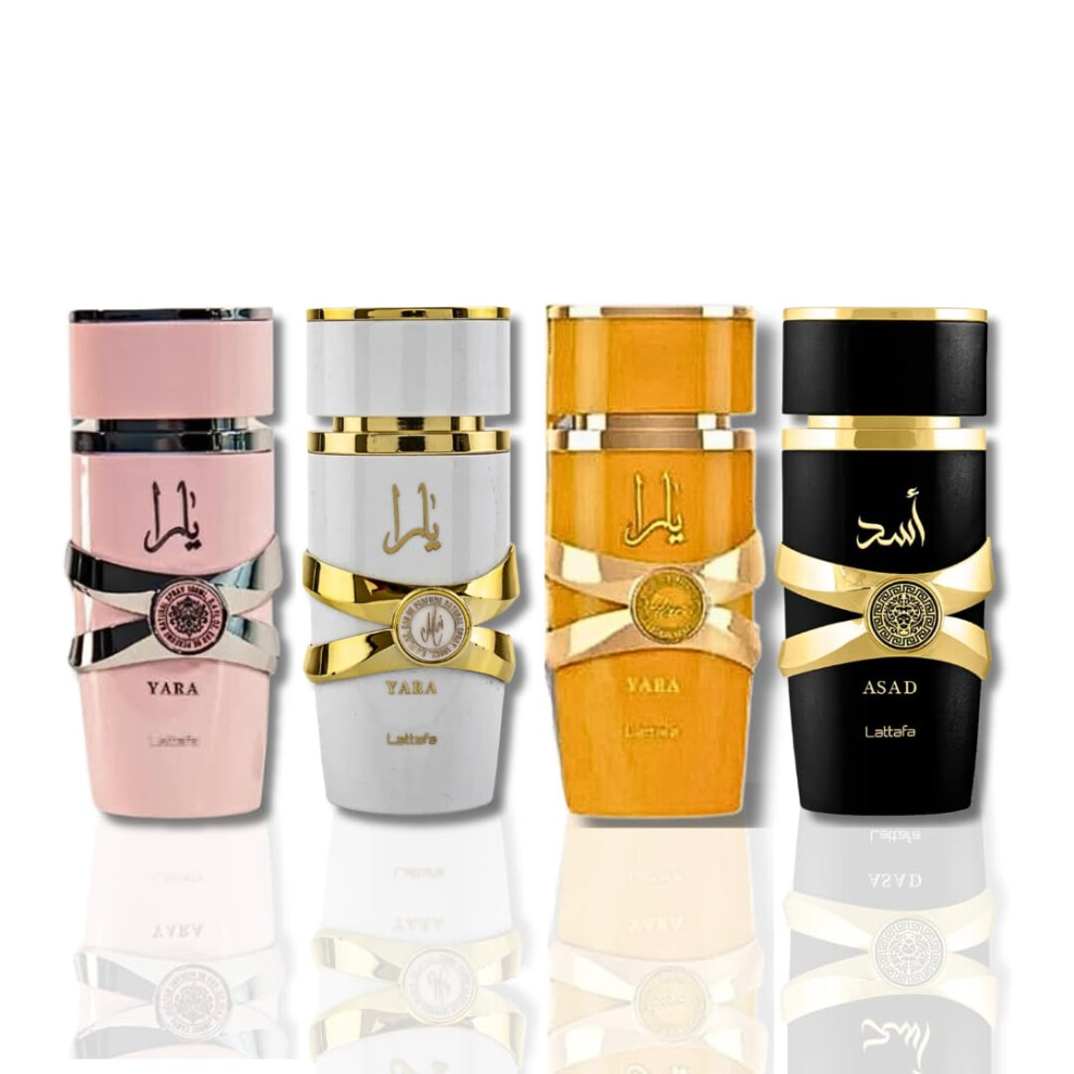 Lattafa for Unisex 4 Piece Eau de Parfum Gift Set (Yara for Women + Yara Moi for Women + Yara Tous for Women + Asad for Men) 3.4 Ounce/100 ml eac