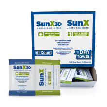 CoreTex Sun X 30+ Broad Spectrum Sunscreen Packets & Dry Towels Duo Kit - Pack of 50 Paraben Oxybenzone Octinoxate & Oil Free Sunscreen - No W
