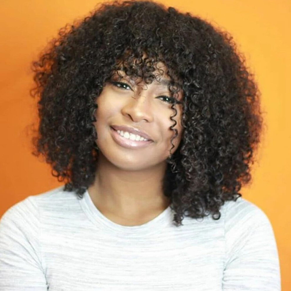 Romface Afro Kinky Curly Wigs With Bangs Human Hair Wigs For Black Women None Lace Front Wigs 200% Density Brazilian Virgin Hair Wear And Go Glue