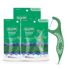 GUM Twisted Mint Floss Picks - Gedraaide draden Shred-Resistant Floss Easy Grip Handle 90ct. (Pack van 3)