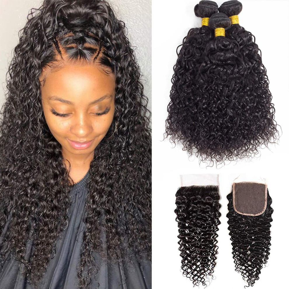 Royal Impression Unisex 12A Curly Bundles Human Hair With Closure 22 24 26+20"""") Brazilian Curly Hair 3 Bundles With Closure 100% Unprocessed Virgin Kinky Curly Human Ha