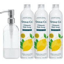 Recargas de saboneteira Ultimate Grove Co. (3 x 16 Fl Oz) + dispensador de saboneteira de vidro recarregvel para pia de cozinha com capa de sili