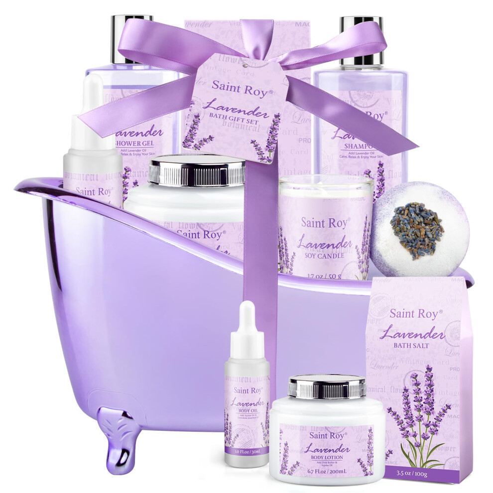 Home Bath Spa Gift Basket for Women - Lavender Bath Sets for Women Gift Aromatherapy Home Spa Kit with Shower Gel Shampoo Body Oil Bath Bomb