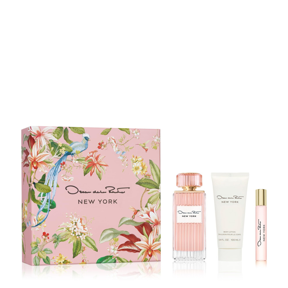 Oscar de la Renta New York Eau de Parfum 3 Piece Gift Set for Women - Perfume Spray 3.4 Fl. Oz Purse Spray Travel Spray 0.5 Fl. Oz and Body Lo