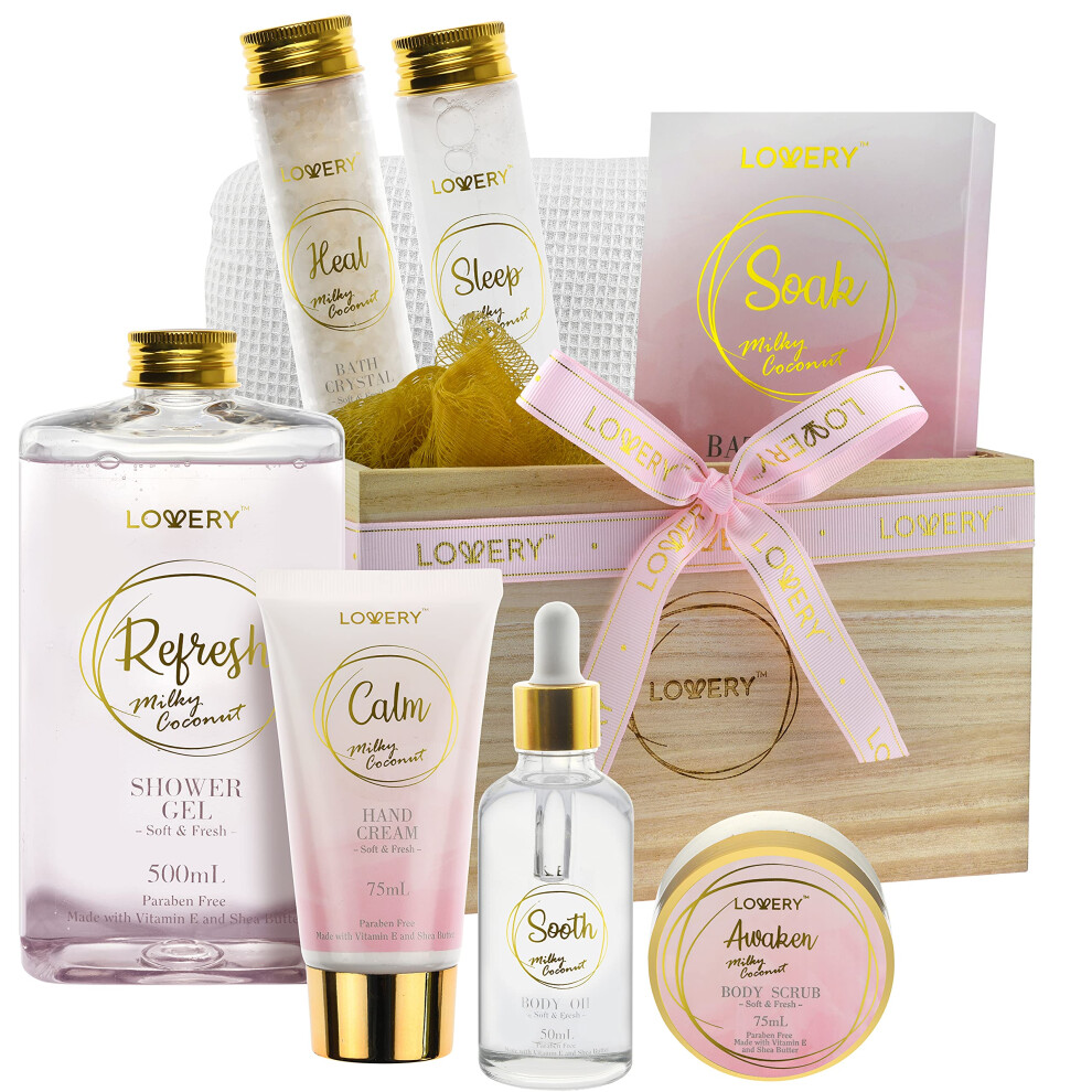 Luxury Bath Gift Set - Home Spa Gift Basket with Milky Coconut Scent Vitamin E & Shea Butter with Shower Gel Bath Salt & Crystals Body Scrub