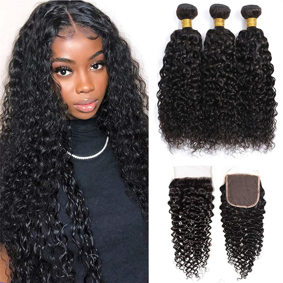 Royal Impression Unisex 12A Curly Bundles Human Hair With Closure (24 26 28+22"""") Brazilian Curly Hair 3 Bundles With Closure 100% Unprocessed Virgin Kinky Curly Human H