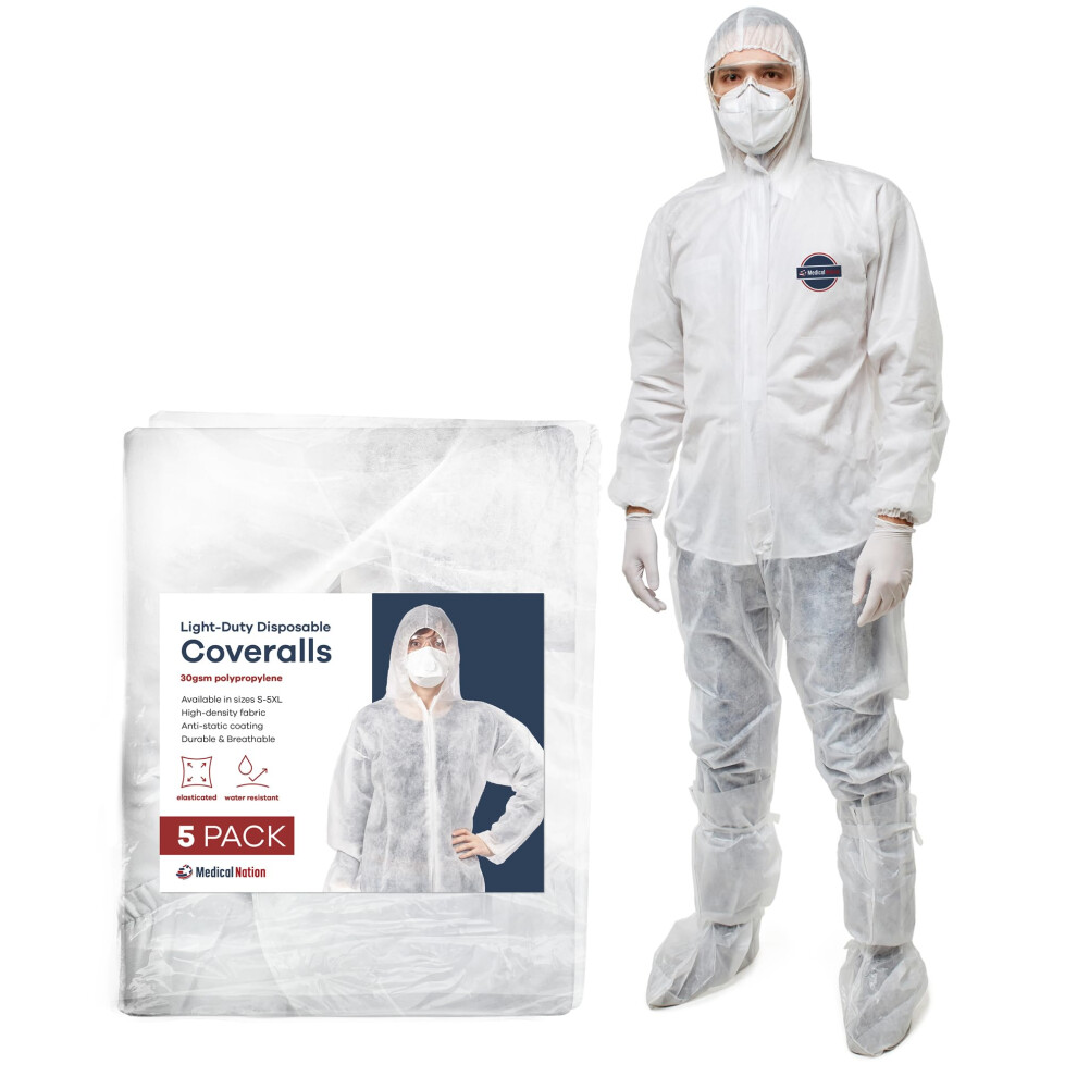 Medical Nation Hazmat Suits Disposable | 5 Pack | Light Duty Disposable Coveralls Men | With Attached Hood And Boots - Overall Protective Chemical Sui 840377401990