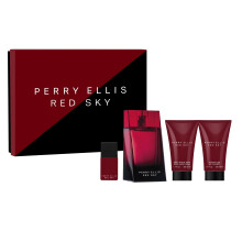 Perry Ellis Red Sky 4-osainen lahjasetti - partavesi partavesisuihkugeeli EDT matkasuihke - bergamotti kardemumma kataja laventeli rosmariini muskott
