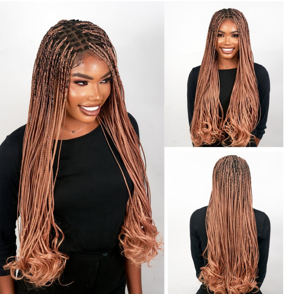 Wow Braids 28"""" Full 360 Hd Transparent Lace Front Knotless Braided French Curl Wig With Baby Hair And Curly Tips - Synthetic Hand-Made Box Braid