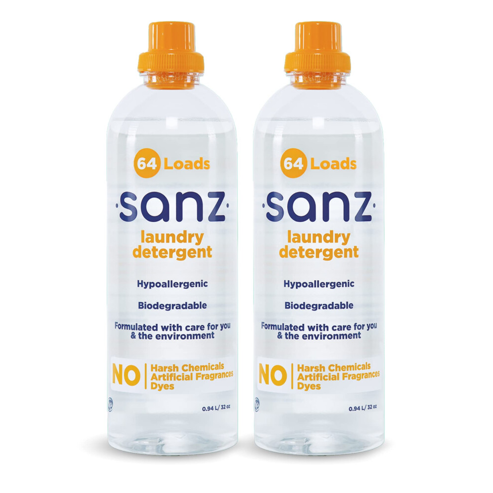 Sanz Liquid Laundry Detergent Free And Clear - Hypoallergenic For Sensitive Skin & Babies High Performance Odor & Stain Remover Artificial Frag