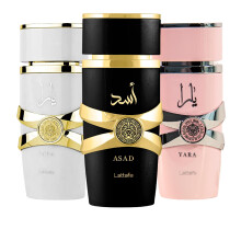 Lattafa para unisex de 3 piezas Eau de parfum Gift Gift (Yara para mujeres + Yara Moi para mujeres + Asad para hombres) 3.4 onza/100 ml cada uno