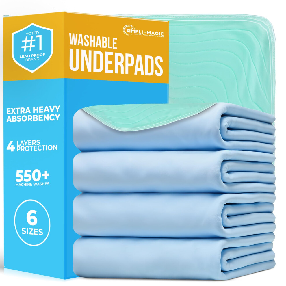 Simpli-Magic Washable Underpads 30""""X34"""" (Pack Of 4) - Heavy Absorbency Reusable Bedwetting Incontinence Pads For Kids Adults Elderly Andpets