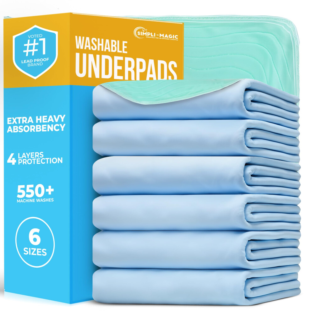 Simpli-Magic Washable Underpads 34""""x36"""" (Pack of 6) - Heavy Absorbency Reusable Bedwetting Incontinence Pads for Kids Adults Elderly and Pets