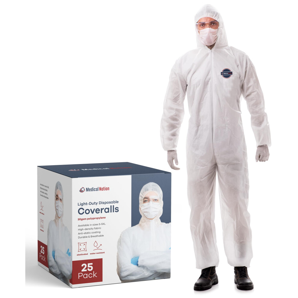 Medical Nation Hazmat Suits Disposable | 25 Pack | Light Duty Disposable Coveralls Men | With Attached Hood - Overall Protective Chemical Suit For Men 840377402089
