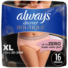 Alltid diskret Boutique Vuxeninkontinens och Postpartum Underklder fr kvinnor Maximalt skydd XL Rosy 16 Count (Frpackningen kan variera)