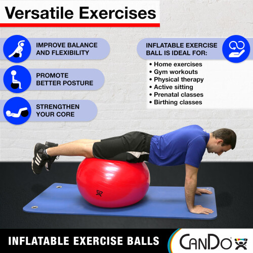 CanDo Inflatable Exercise Ball - Red 37.4"""" Durable Extra Thick Non-Slip Stability Ball for Core Workouts Yoga Pilates Active Seating Physic 1