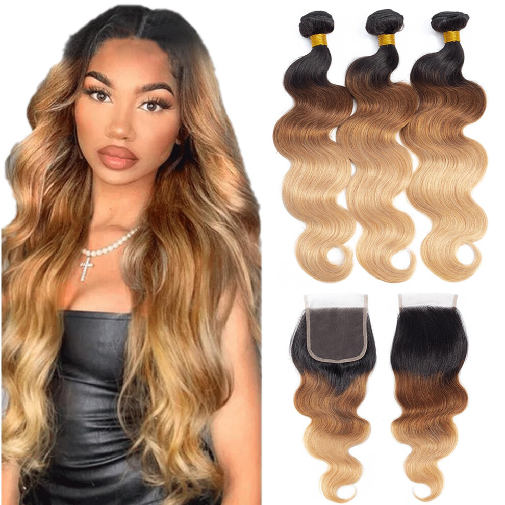 Royal Impression Unisex 12A Ombre Bundles Human Hair With Closure (16 18 20+16"""") Ombre Human Hair 3 Bundles With Closure 100% Unprocessed Virgin Brazilian Ombre Body Wa