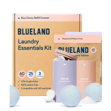 BLUELAND Laundry Essentials Kit Spring Bloom - Muovittomat pyykinpesuainetabletit Oxi Booster ja uudelleenkäytettävät luonnonvillakuivauspallot