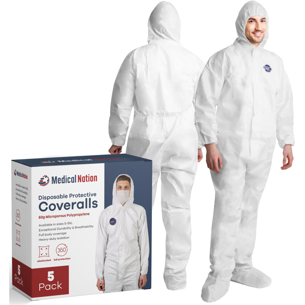 Medical Nation Hazmat-Anzge Zum Einmalgebrauch | 5Er-Pack | Schutzoveralls Mit Angenhter Kapuze Und Stiefeln | Strapazierfhiger Ganzkrper-Mal-image